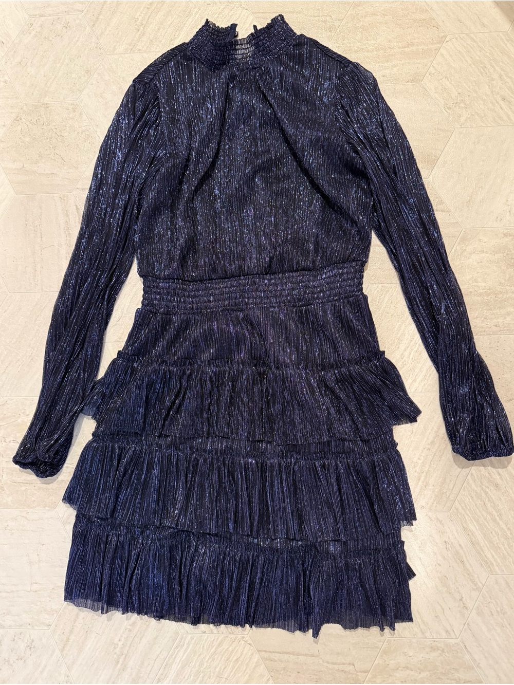 Express Navy Metallic Ruffle Tiered Long-Sleeve Dress